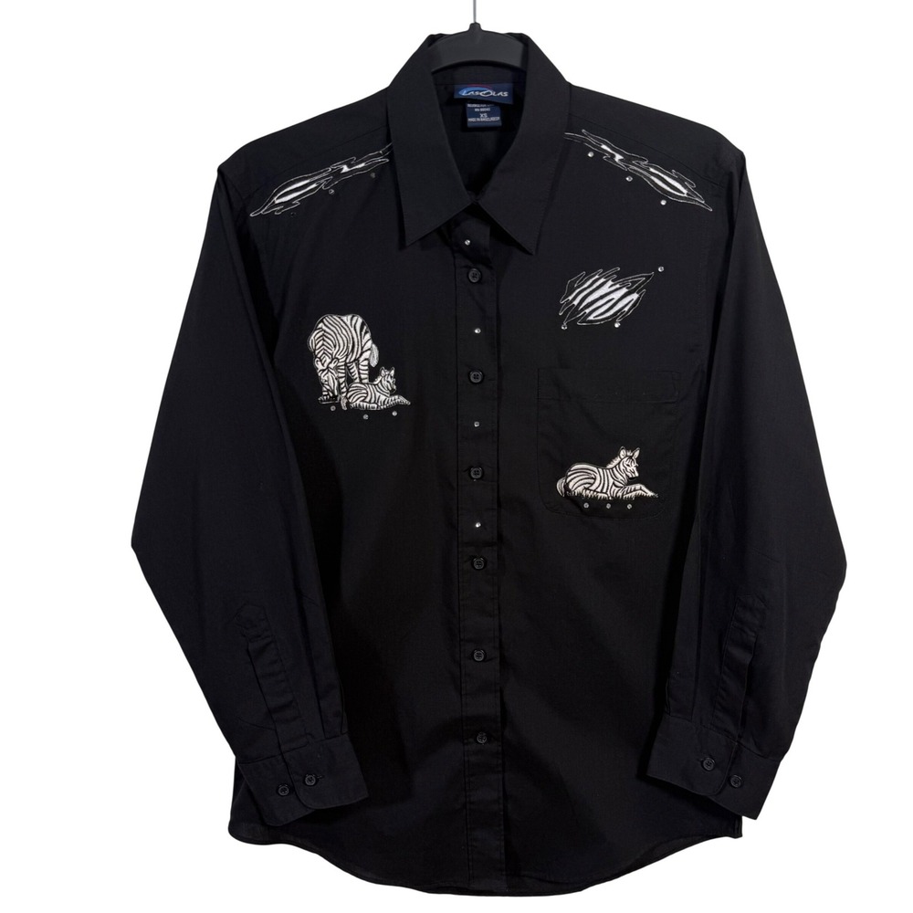 Las Olas Women XS Zebra Embroidered Rhinestone Western Button Down Shirt - Flaw